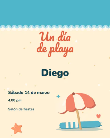 Nos vamos a la playa. Mar con espuma arriba, arena y una sombrilla de rayas con su toalla abajo a la derecha.