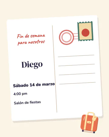 Escapada de fin de semana. Una postal con timbre y una maleta lista.
