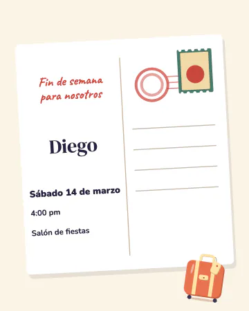 Postal de escapada. Una postal girada con timbre y matasellos, una raya al centro para el mensaje y una maleta afuera.