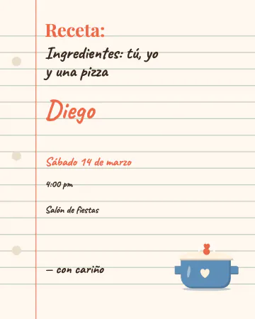 Cocinamos juntos. Una tarjeta de receta con renglones y margen rojo: ingredientes tú, yo y una pizza.