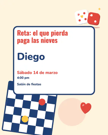 Reta de juegos. Un tablero de cuadros, dos dados y una tarjeta blanca con el reto: el que pierda paga las nieves.