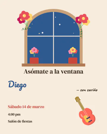 Serenata. Una ventana con bugambilias y una guitarra esperando abajo.