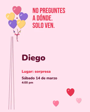 Cita sorpresa. Un racimo de globos de corazón arriba a la izquierda.