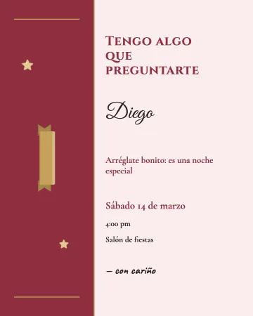 Tengo algo que preguntarte. Una invitación a cenar elegante, con un moño dorado y rayas finas, que no revela nada.