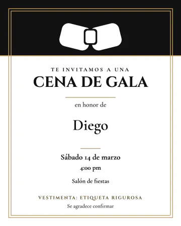 Cena de gala. Blanco y negro con un moño de etiqueta y letras clásicas.