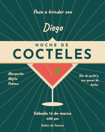 Noche de cocteles. Una copa enorme con su aceituna y una carta de bebidas.