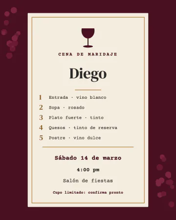 Cena de maridaje. Un menú de cinco tiempos, cada uno con su vino.