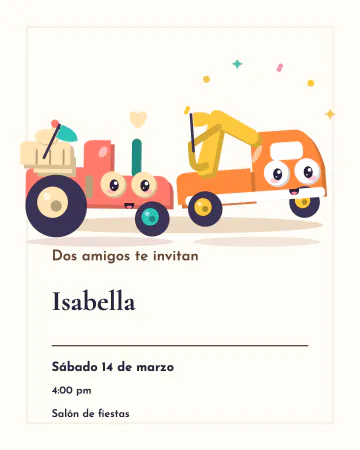 Dos amigos sobre papel. Surco y Grulla invitan a un cumpleaños tranquilo, con espacio y letras claras.
