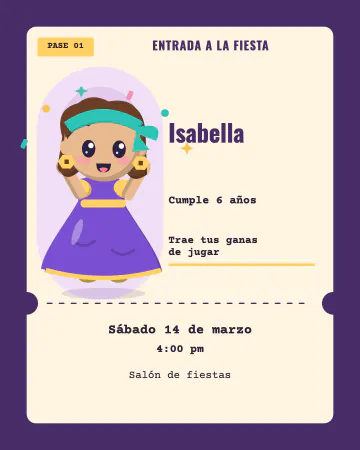 Pase al castillo. Violeta te recibe con un boleto de entrada a su fiesta.