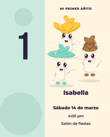 Primer añito de honguitos. Tres honguitos bebé junto a un 1 enorme, en tonos suaves.