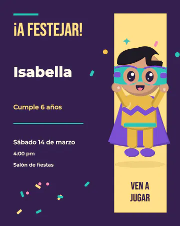 Cumple con mucha energía. Voltio llena de energía un cartel morado y amarillo, con letras grandes y espacio para el nombre.