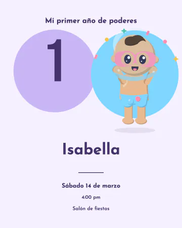 Mi primer año de poderes. Espuma bebé celebra junto a un número de edad enorme, con círculos lilas y azules.