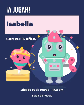 Cartel de cuerda. Un robot de cuerda y un trompo ocupan el escenario de este cartel rosa y azul, con letras grandes para anunciar el cump…