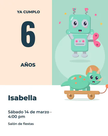 Edad sobre ruedas. La edad aparece en grande junto a un robot y un dinosaurio de madera.