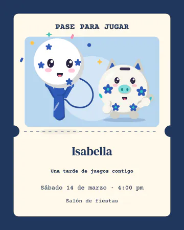 Pase al recreo. Un boleto azul y blanco con un balero y una alcancía.
