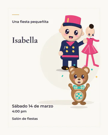 Pequeño escenario. Un soldadito con bailarina de papel y un osito sobre fondo marfil.