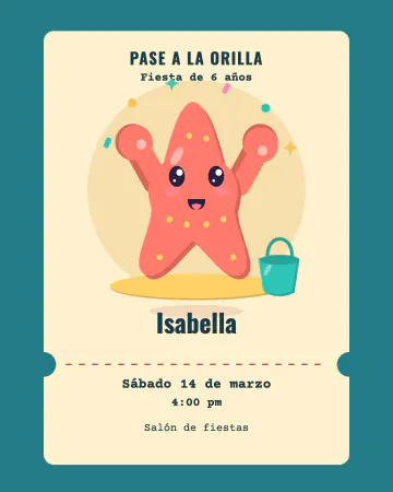 Pase a la orilla. Puntitas recibe a tus invitados en un boleto color arena con muescas y datos claros.
