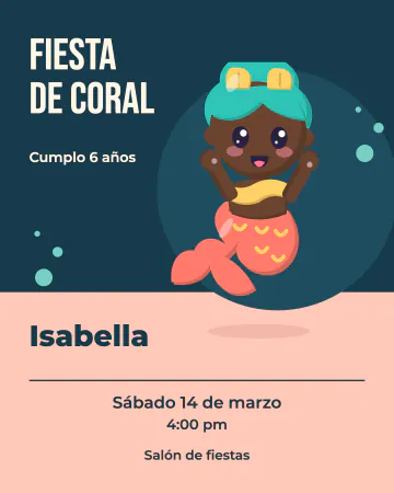 Fiesta de coral. Una sirena entre corales en un cartel con letras grandes, en coral y azul profundo.