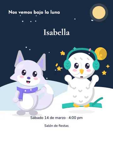 Colinas a la luna. Plata y Ventisca se encuentran sobre colinas nevadas bajo la luna.