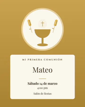 Cáliz y espigas. Fondo dorado con un medallón marfil, el cáliz y espigas de trigo.