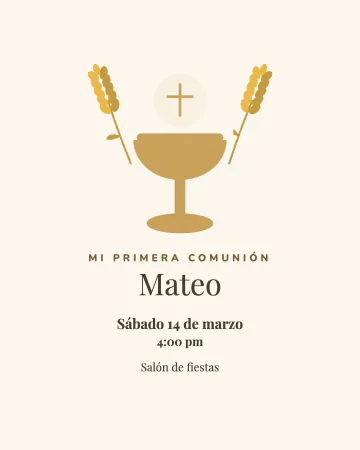 Cáliz dorado. Un cáliz dorado con la hostia y espigas de trigo, sobre crema.