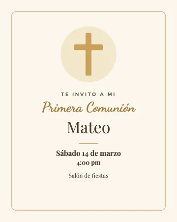 Comunión dorada. Una cruz dorada en un marco fino sobre crema.
