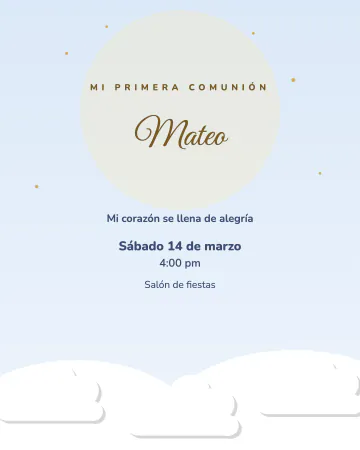 Comunión entre nubes. Un cielo suave con nubes esponjosas y letras doradas.