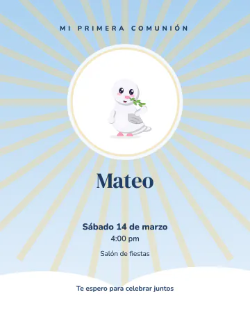 Paloma y rayos. Una palomita con rayos dorados sobre azul cielo.