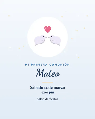 Mi primera comunión. Dos palomitas en un círculo de luz, azul y dorado.