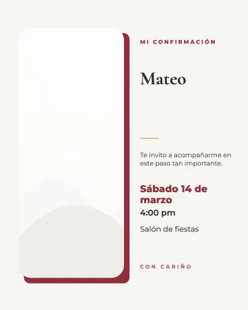 Mi confirmación con foto. Tu foto a un lado y los datos al otro, en vino y dorado.