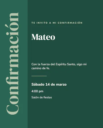 Confirmación sencilla. Letras grandes sobre verde esmeralda, moderna y limpia.