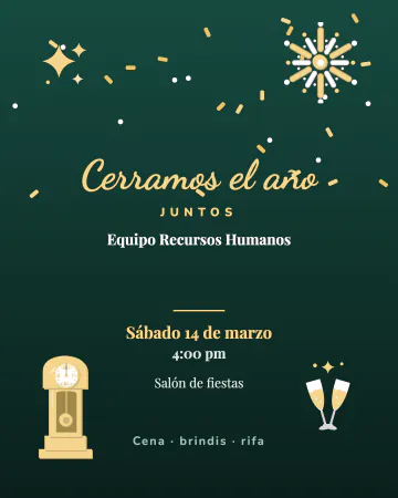 Brindis de fin de año. Confeti dorado y Cerramos el año sobre verde.