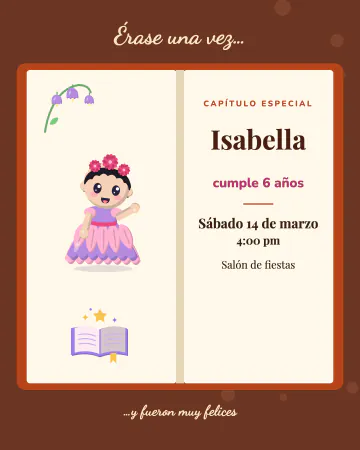 Libro de cuentos. Un libro abierto: en una página la princesa de las flores y en la otra todos los datos.
