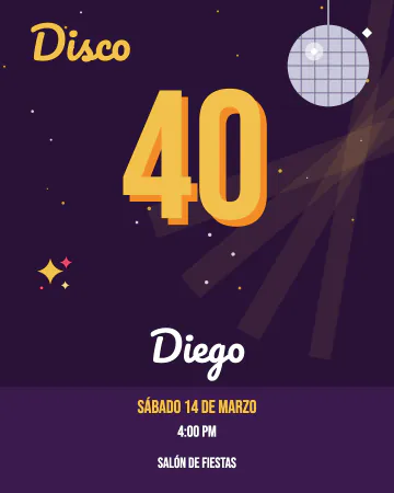 Disco 40. Bola disco y tu edad a rayas naranja y mostaza.