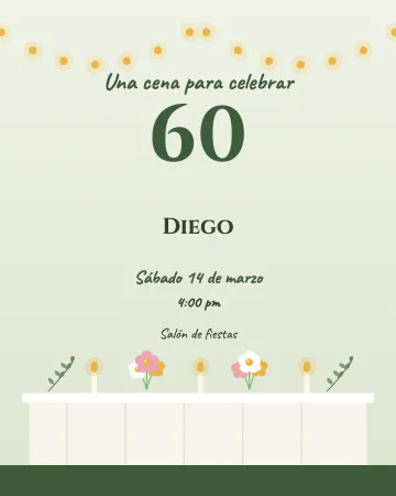 Cena de 60 en el jardín. Una mesa larga bajo los foquitos del jardín para festejar los 60 con la familia.