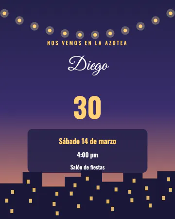 Cumple en la azotea. La ciudad al atardecer desde una azotea, con foquitos y tu edad en grande.