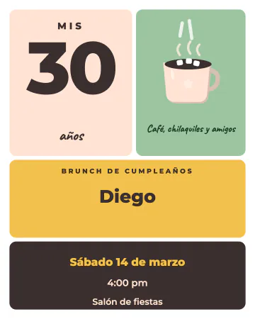 Brunch de mis 30. Bloques de colores pastel con tu edad y una taza de café.