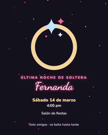Última noche de soltera. Rosa neón sobre negro con un anillo brillante: la última noche de soltera con las amigas.