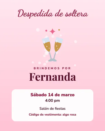 Brindis de despedida. Copas brindando, burbujitas y letra manuscrita en rosa.