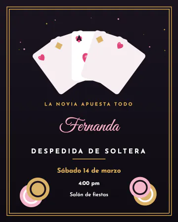 Casino glam. Cartas, fichas y brillos en negro, rosa y dorado: la novia apuesta todo por el amor.