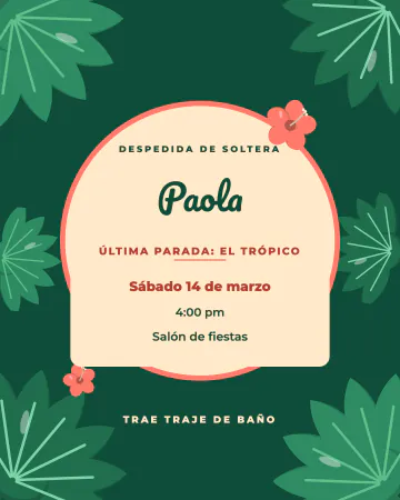 Despedida tropical. Hojas de selva sobre verde oscuro y letras de verano en coral.