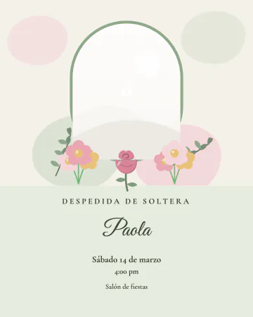 Despedida en el jardín. Tu foto dentro de un arco con flores, en verde salvia y rosa.
