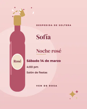 Noche rosé. Rosa empolvado con una botella para brindar y letras de revista.