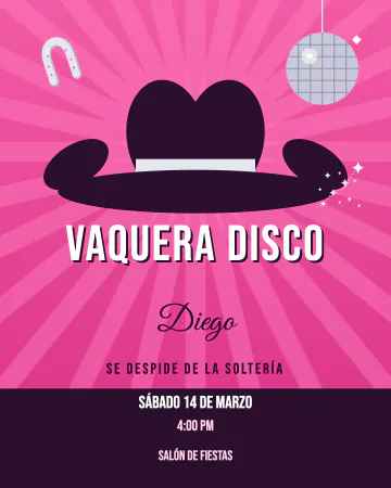 Vaquera disco. Botas, sombrero y bola disco en rosa fuerte.