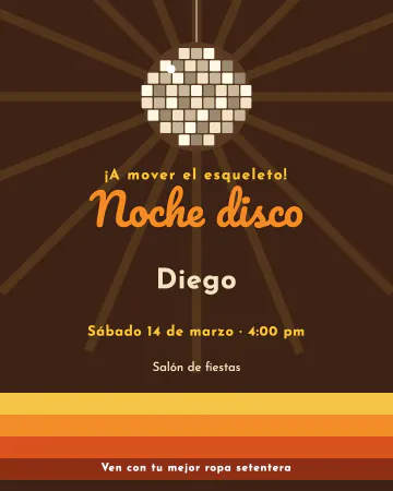 Bola disco setentera. Bola disco brillante y ondas en naranja y mostaza de los setenta.