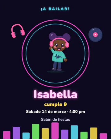 Noche de DJ. Barras de ecualizador neón y una DJ con audífonos: fiesta para bailar toda la noche.