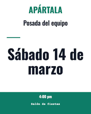 Aparta la fecha del evento. La fecha en grande sobre blanco y verde.