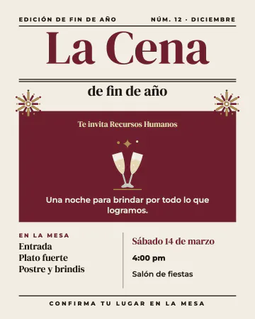 Cena de fin de año de revista. Parece la portada de una revista elegante en vino y crema.