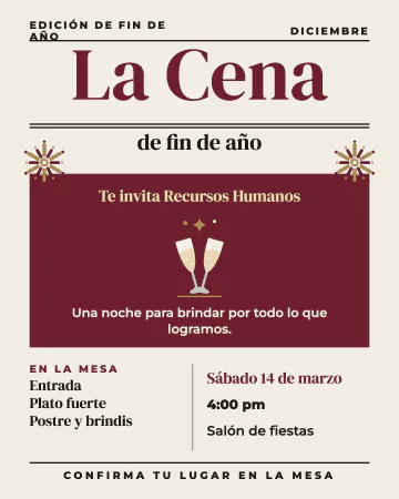 La cena de fin de año. Como portada de revista, con el menú de la noche.