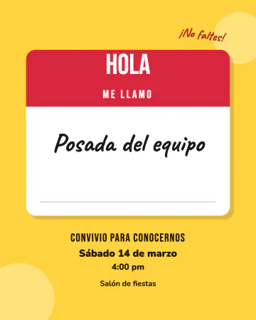 Hola, me llamo…. Una etiqueta de nombre de las que te pegas en el pecho, con el evento escrito a mano.
